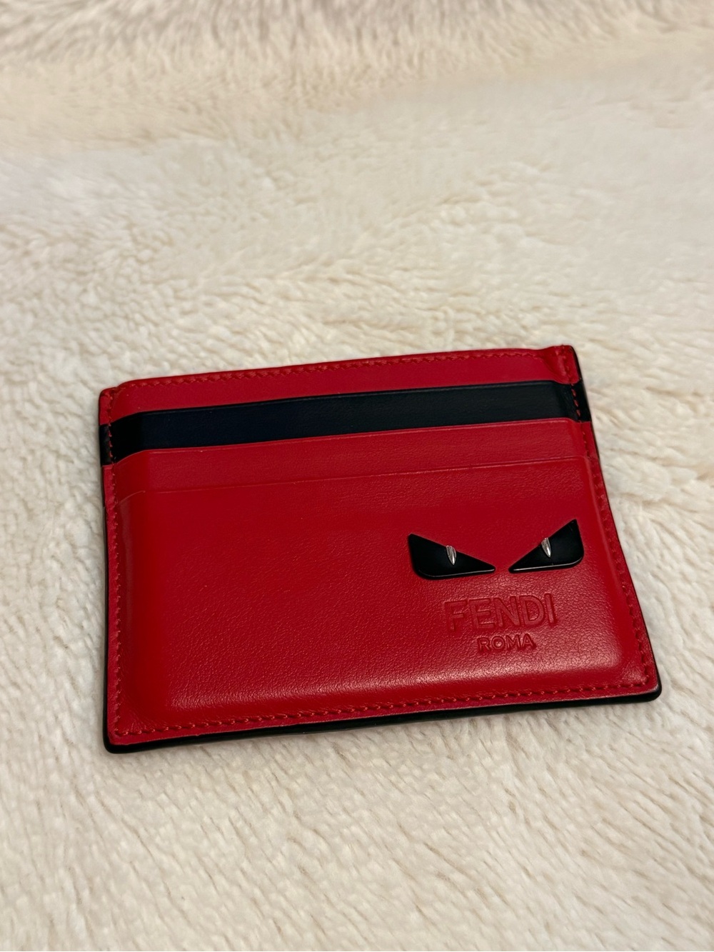 Authentic Fendi Red Leather Card Holder with Black Eye Detail